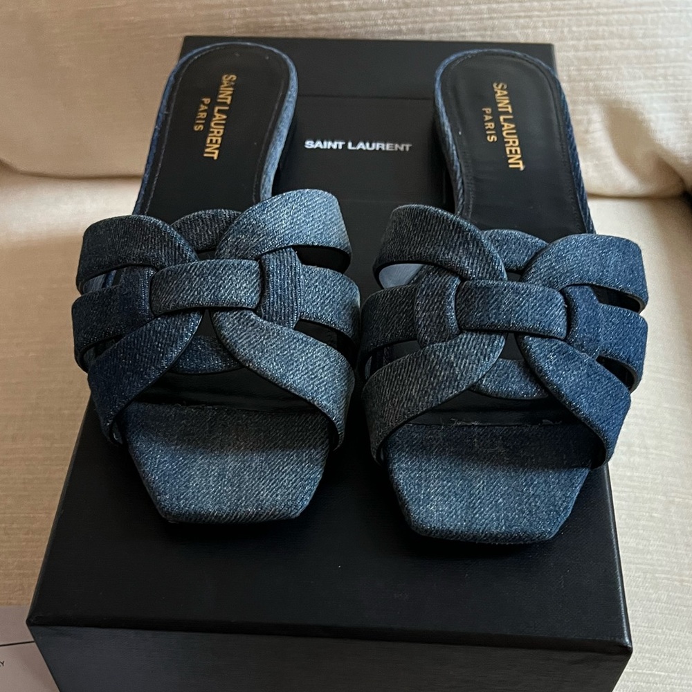 Authentic Saint Laurent signature pieds slide in denim size 37 YSL